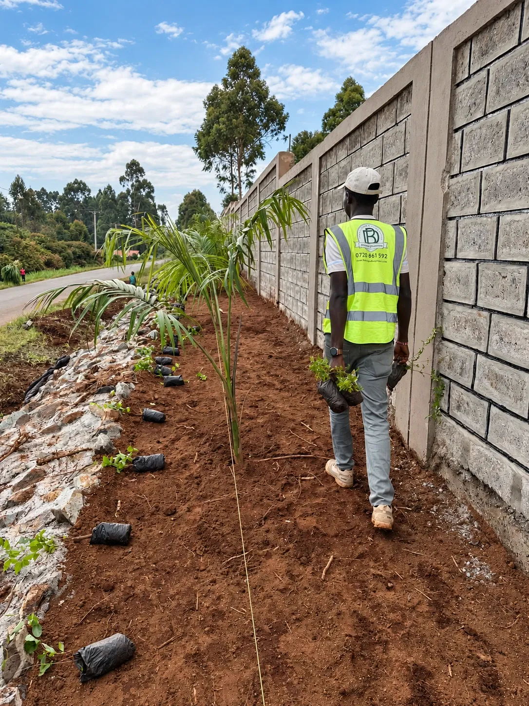 A Palm Field Creatives landscaper in a hi-vis vest planting along a boundary wall on site