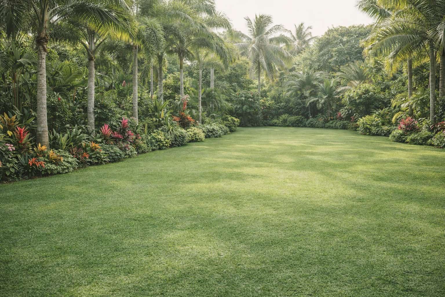 A manicured garden with lawns, palms and planting — the kind of space Palm Field Creatives builds