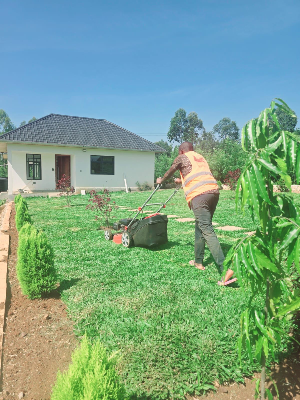 A Palm Field Creatives team member tending a garden bed during a landscaping job